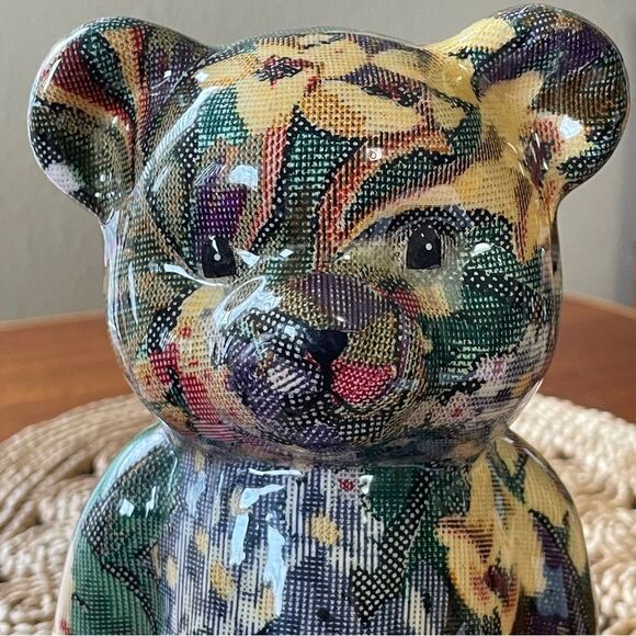 Joan Baker Designs Original Porcelain Decoupage Floral Patchwork Bear Figurine - Picture 3 of 10